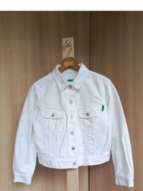 United Colours Of Benetton Womens White Denim  Cropped Jacket Cotton